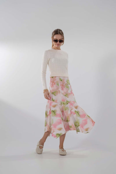 Printed Denim Trumpet Style Skirt-Pink/Green Floral