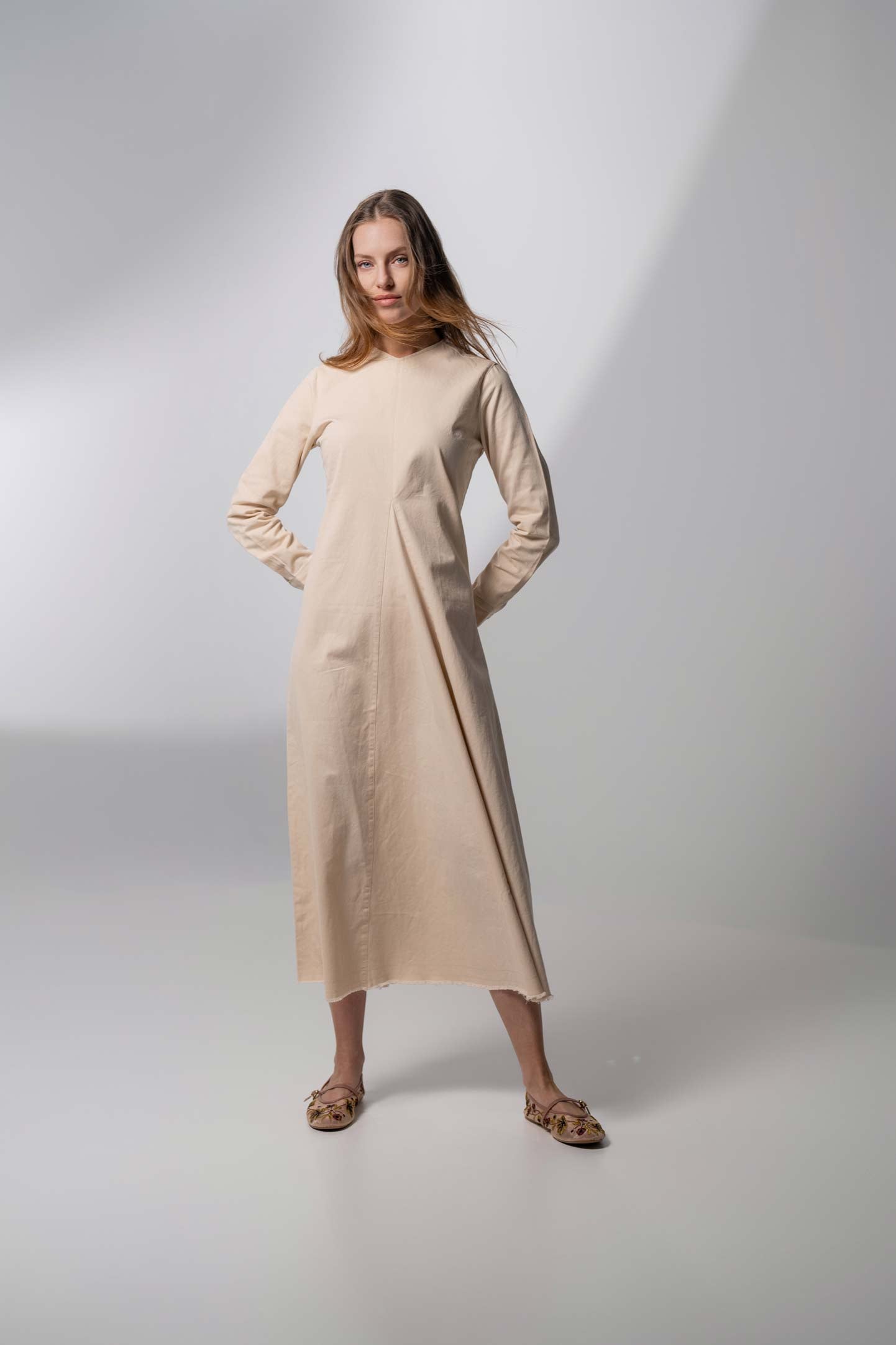 V-Neck Swing Dress-Tan