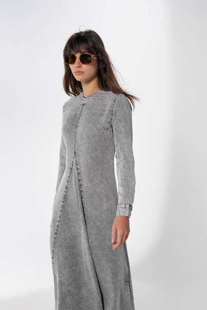V-Neck Swing Dress-Black Denim Wash