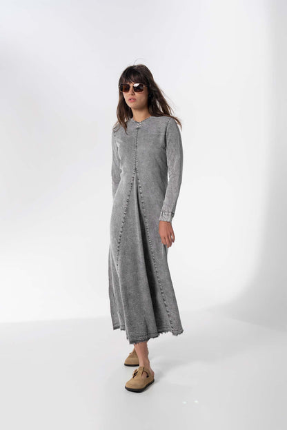 V-Neck Swing Dress-Black Denim Wash