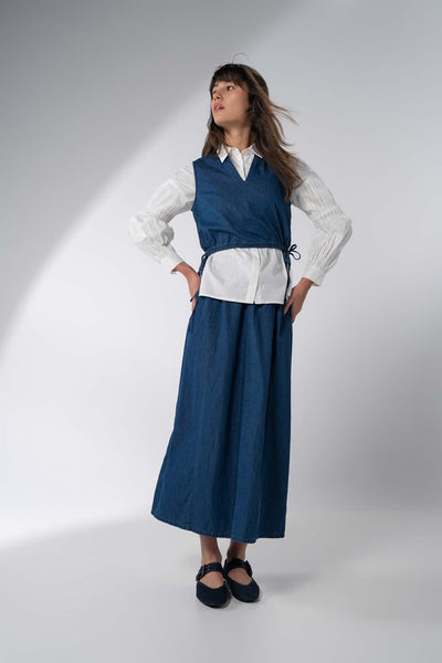 Elastic Waist Denim Skirt-Blue