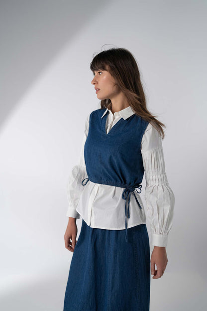 Denim Side Tie V Neck Vest-Blue