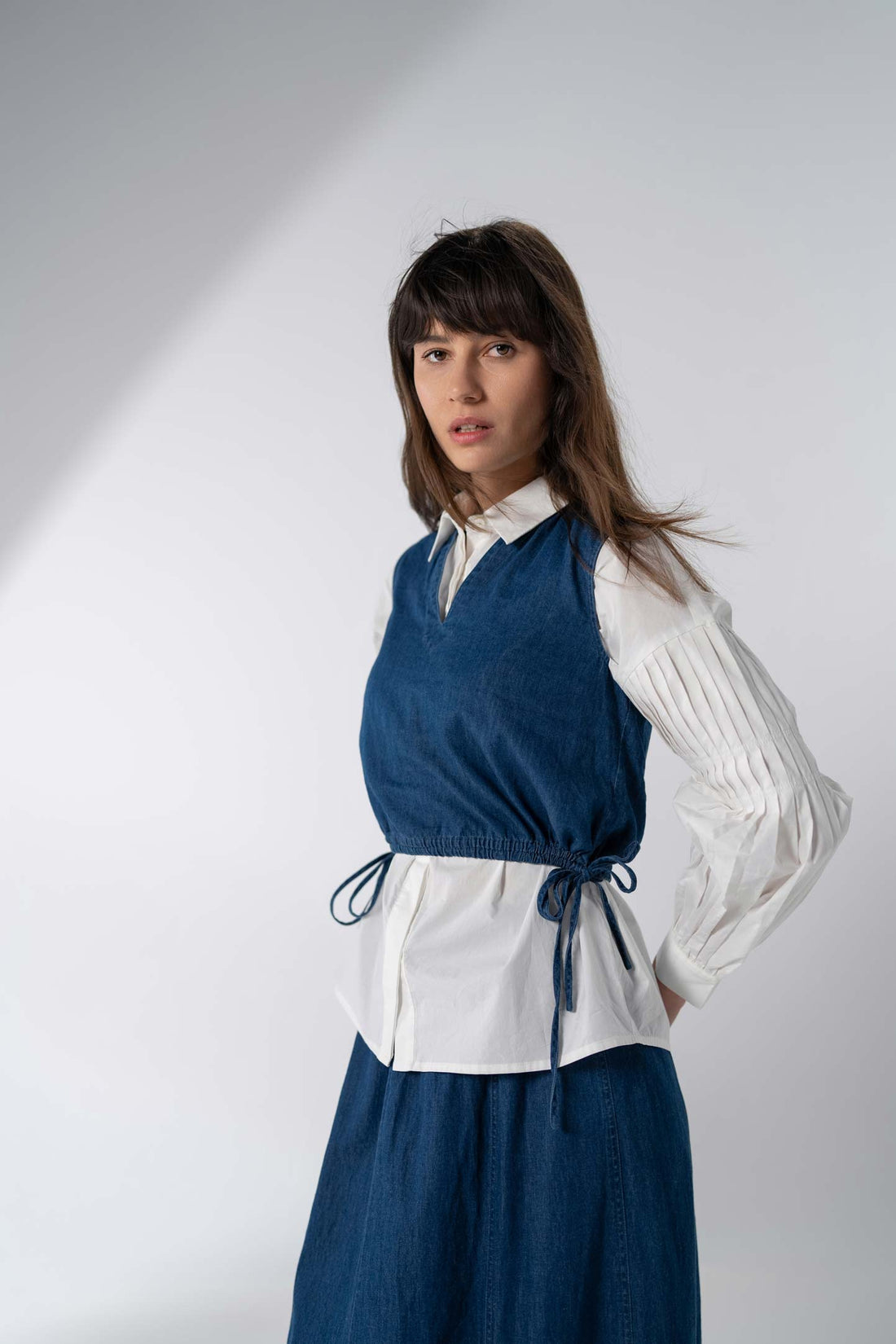 Denim Side Tie V Neck Vest-Blue