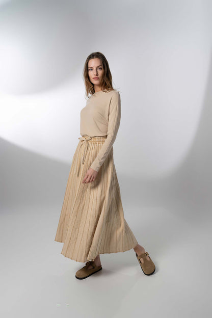 Stitched Micro Pleat Denim Skirt-Tan