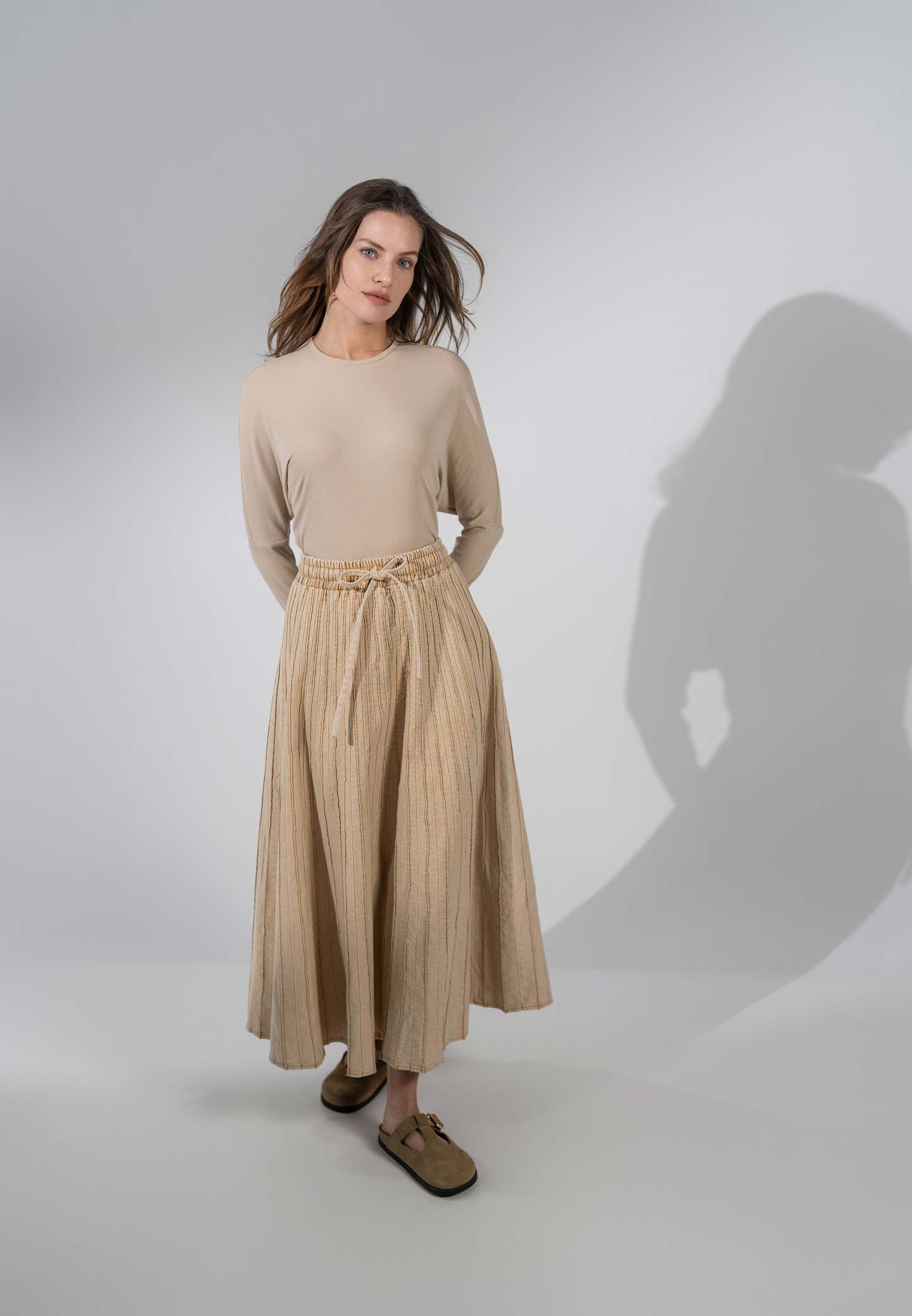 Stitched Micro Pleat Denim Skirt-Tan