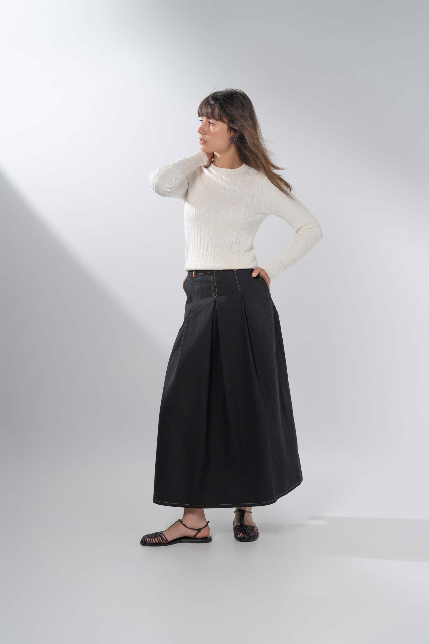Leather Trim Denim Skirt-Black