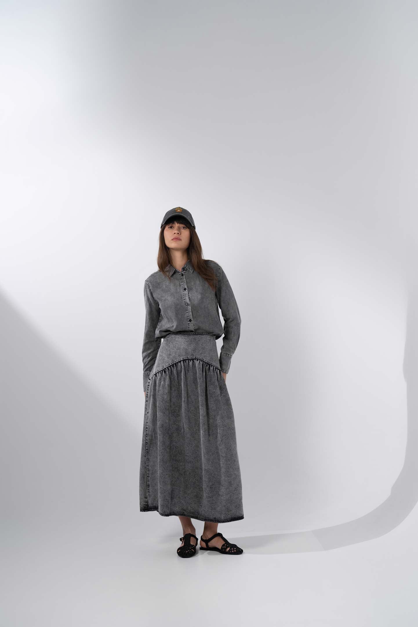 Curved Yoke Washed Denim Skirt 37"-Washed Black