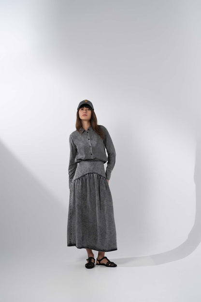Curved Yoke Washed Denim Skirt 37"-Washed Black
