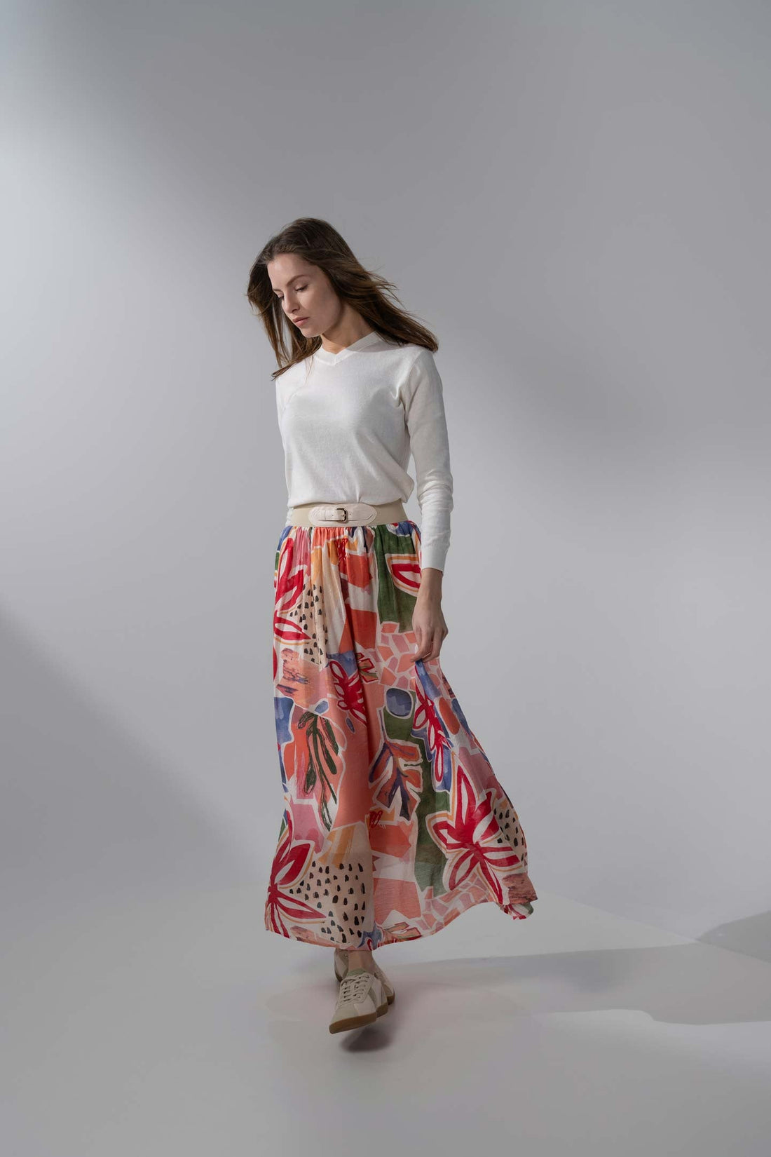Leather Buckle Skirt-Watercolor Floral