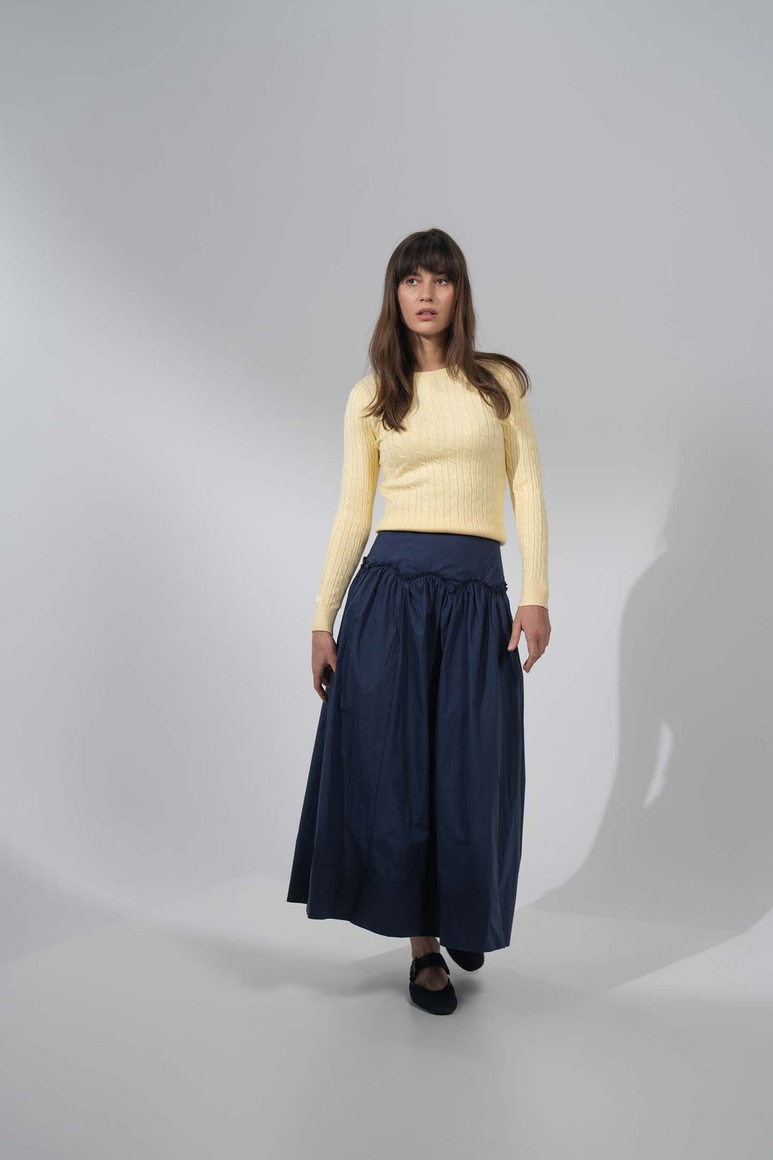 Yoke Ruffle Skirt-Navy
