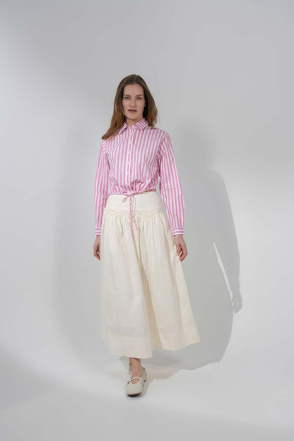 Front Drawstring Crop Blouse-Pink/White