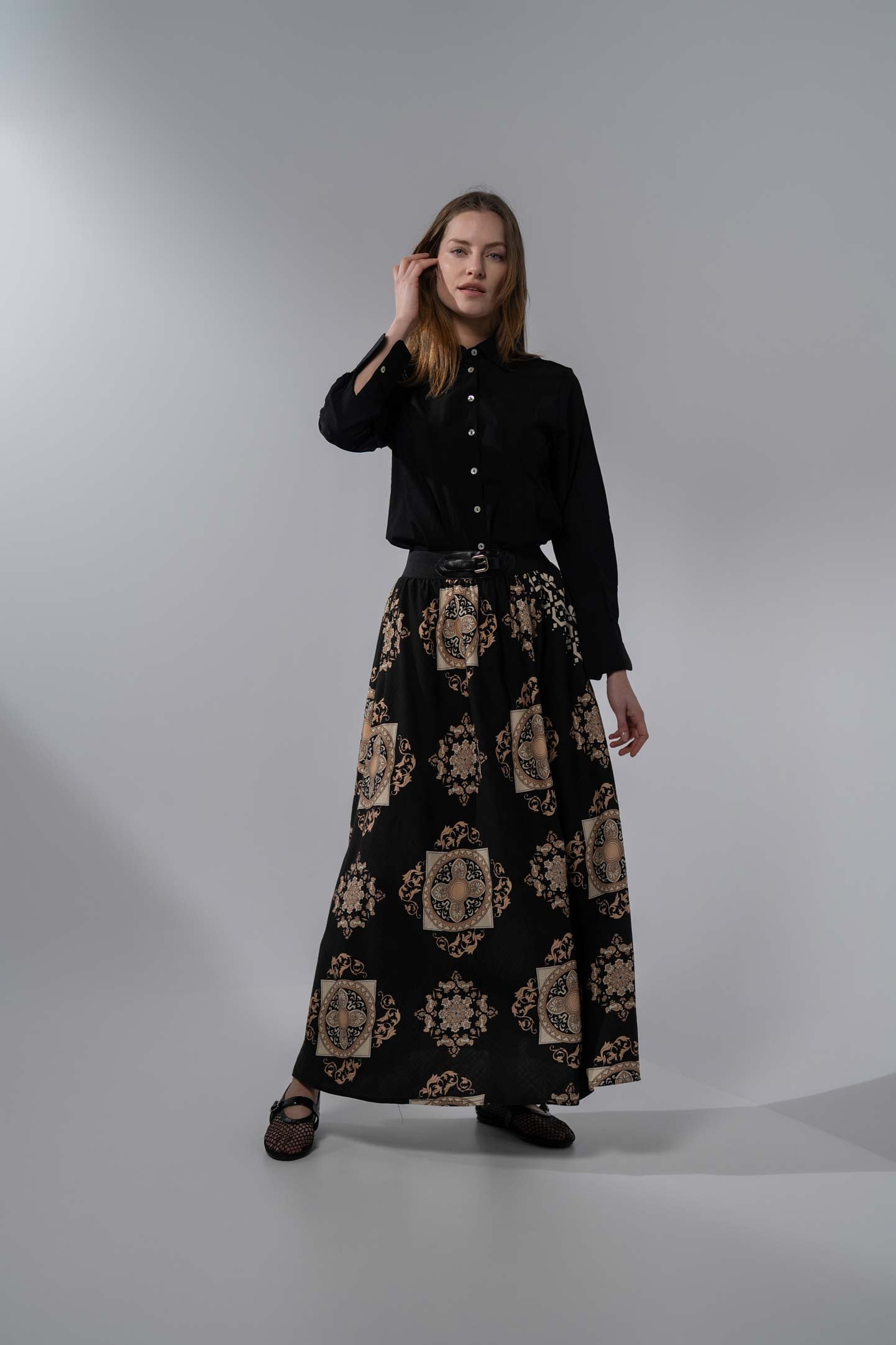 Leather Buckle Skirt-Black Medallion