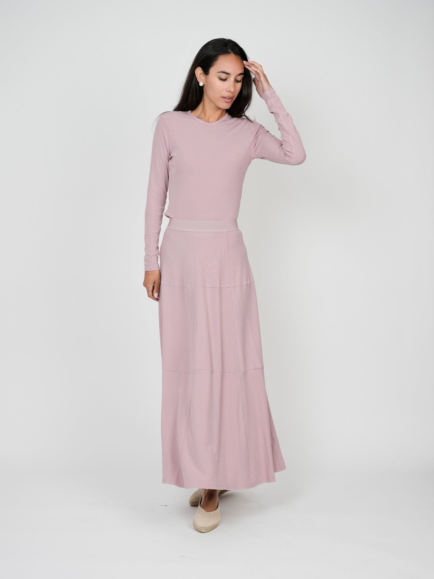 RIBBED SEAMED T-SHIRT SKIRT-MAUVE