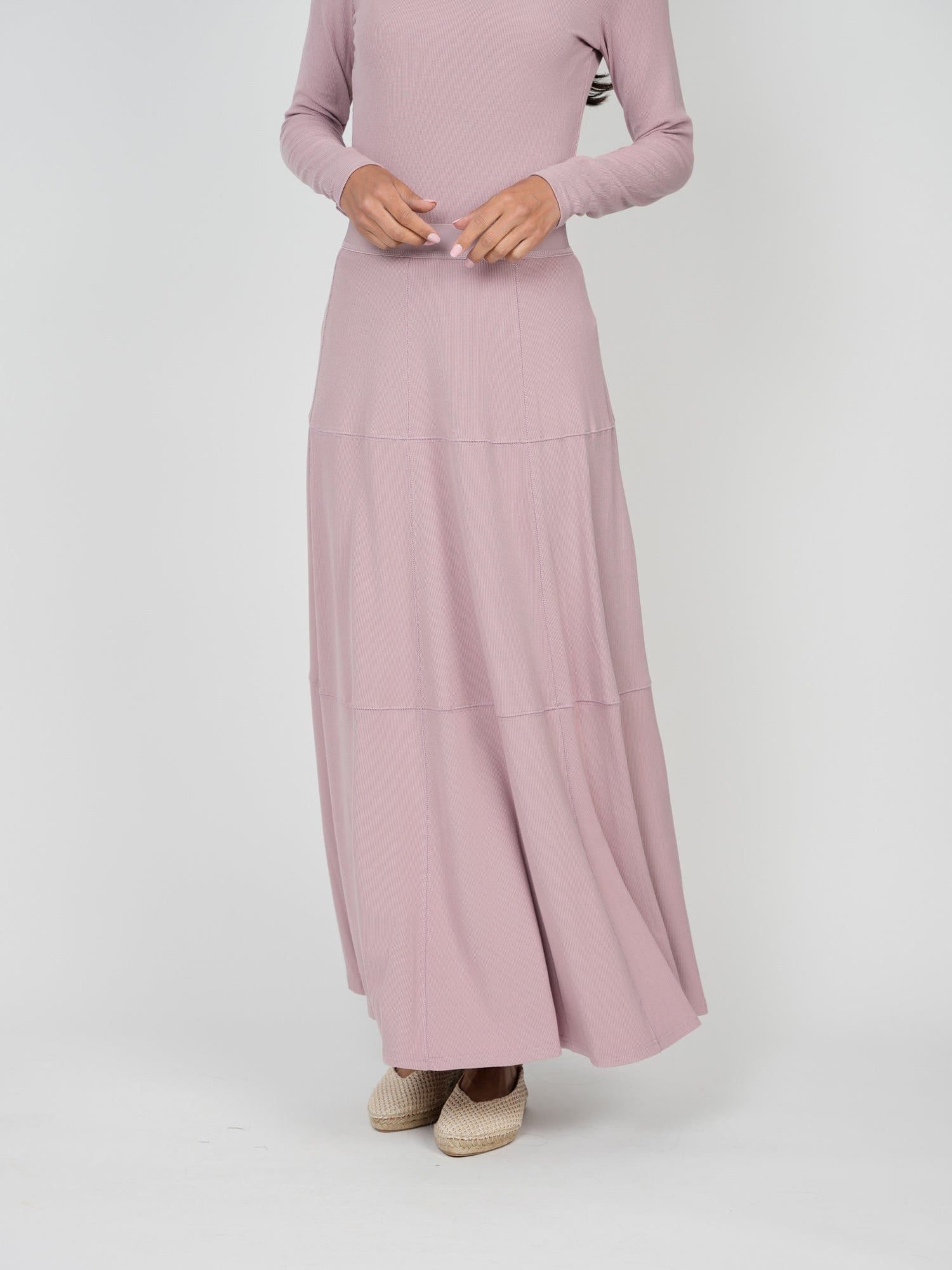 RIBBED SEAMED T-SHIRT SKIRT-MAUVE