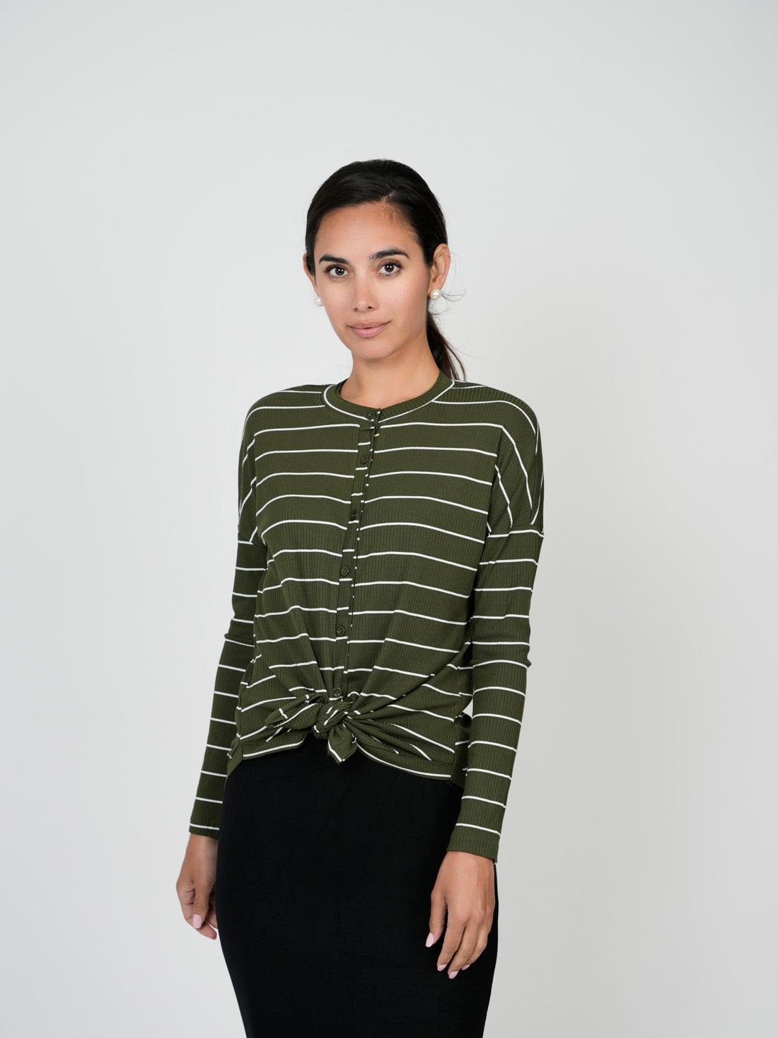 BUTTON DOWN RIBBED T-SHIRT - GREEN/WHITE