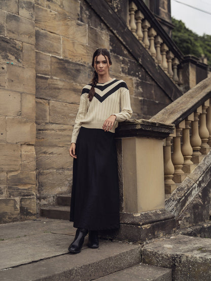 V Neck Stripe Sweater-Cream/Black