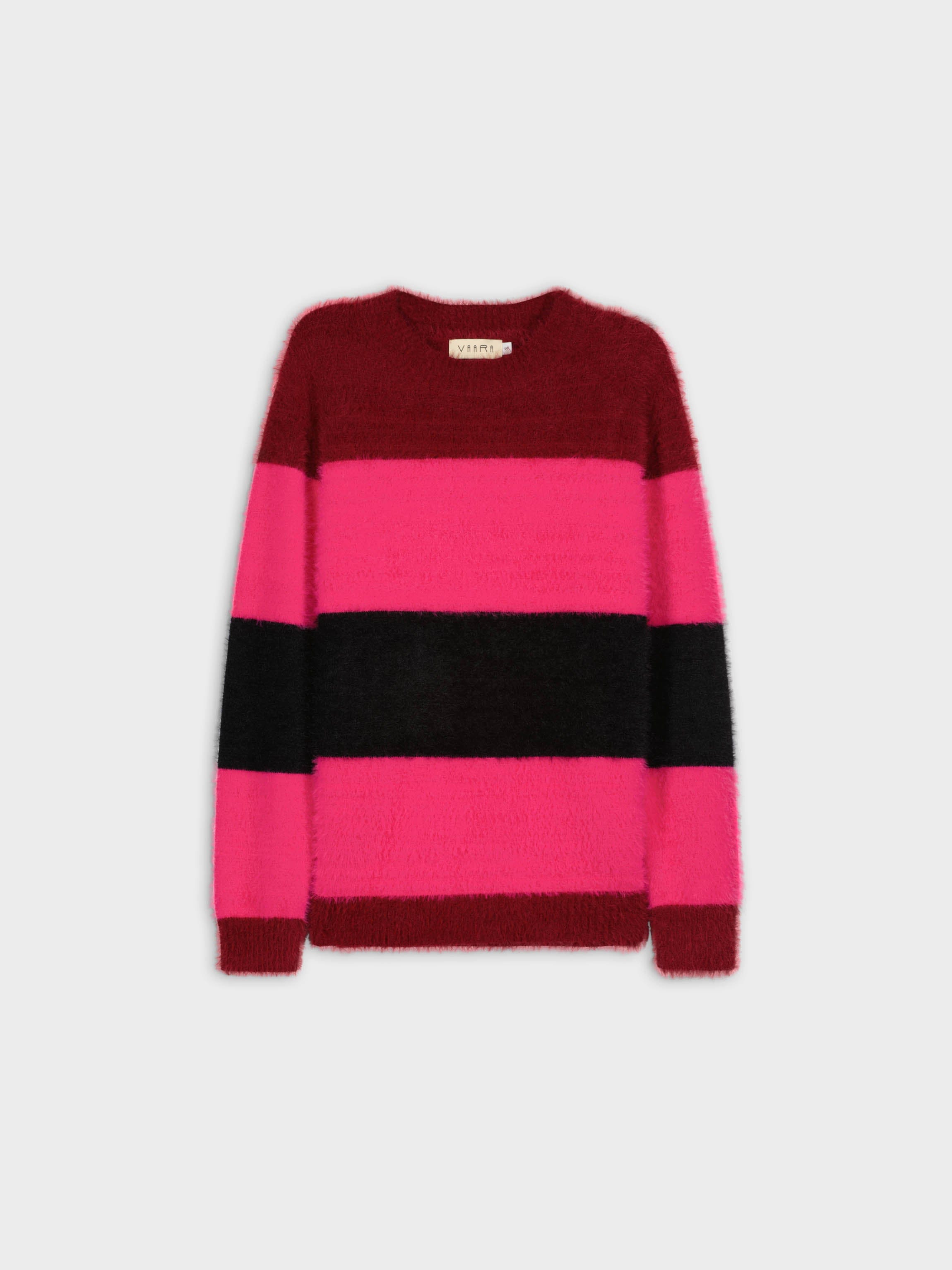 EYELASH FUZZ SWEATER-HOT PINK/BLACK STRIPE