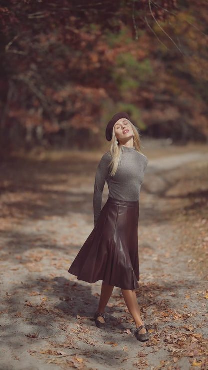 Flare Leather Skirt 25.5"-Brown