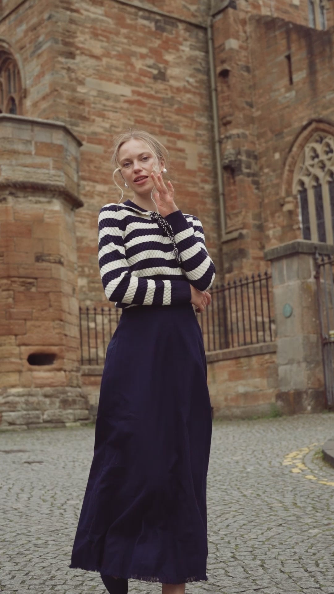 Laced Ruffle Collar Striped Sweater-Navy/Cream