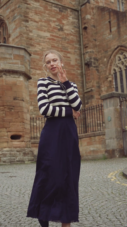 Laced Ruffle Collar Striped Sweater-Navy/Cream