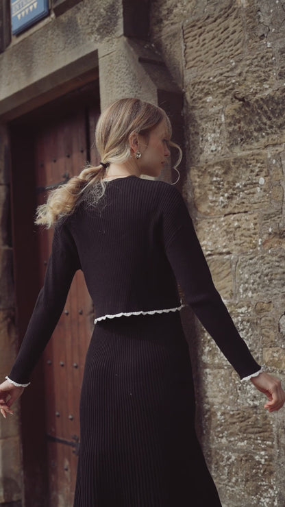 Knit Crop Sweater Dress Set-Black/Cream