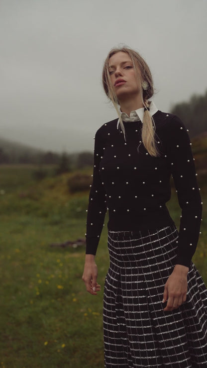 Boucle Pleat Skirt-Black and White