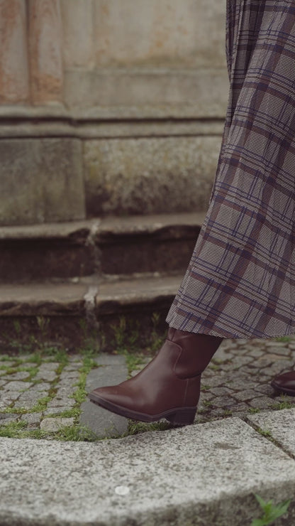 Covered Band Pleated Skirt-Brown/Blue Plaid