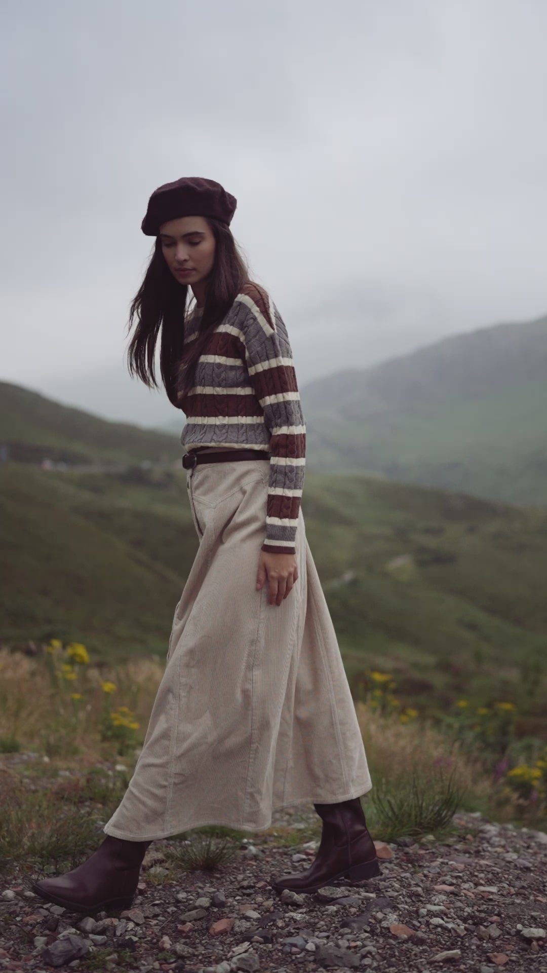 Cable Striped Sweater-Brown/Grey