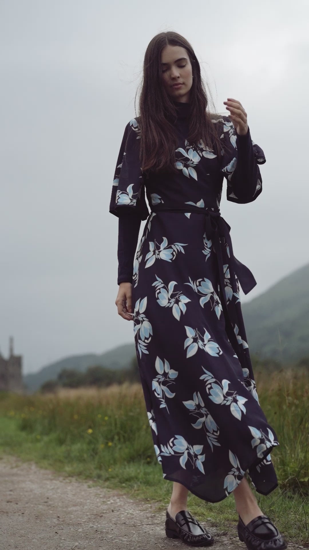 Flutter Sleeve Wrap Dress-Blue Flower