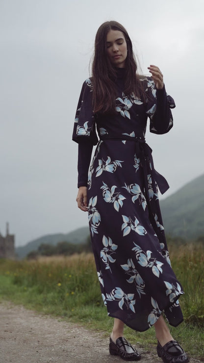 Flutter Sleeve Wrap Dress-Blue Flower