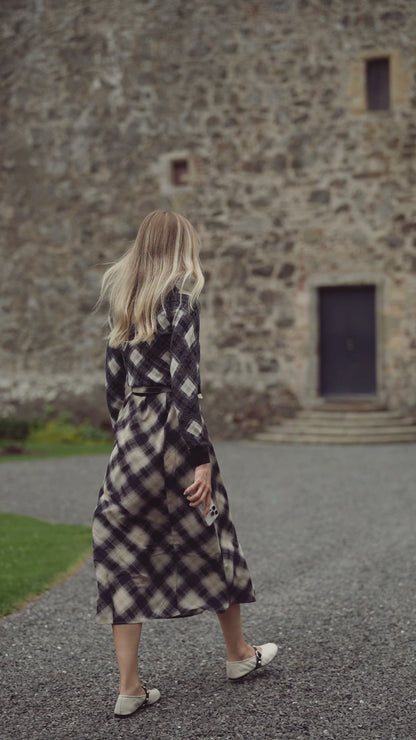 Basic Belted A-Line Dress-Black/White Plaid