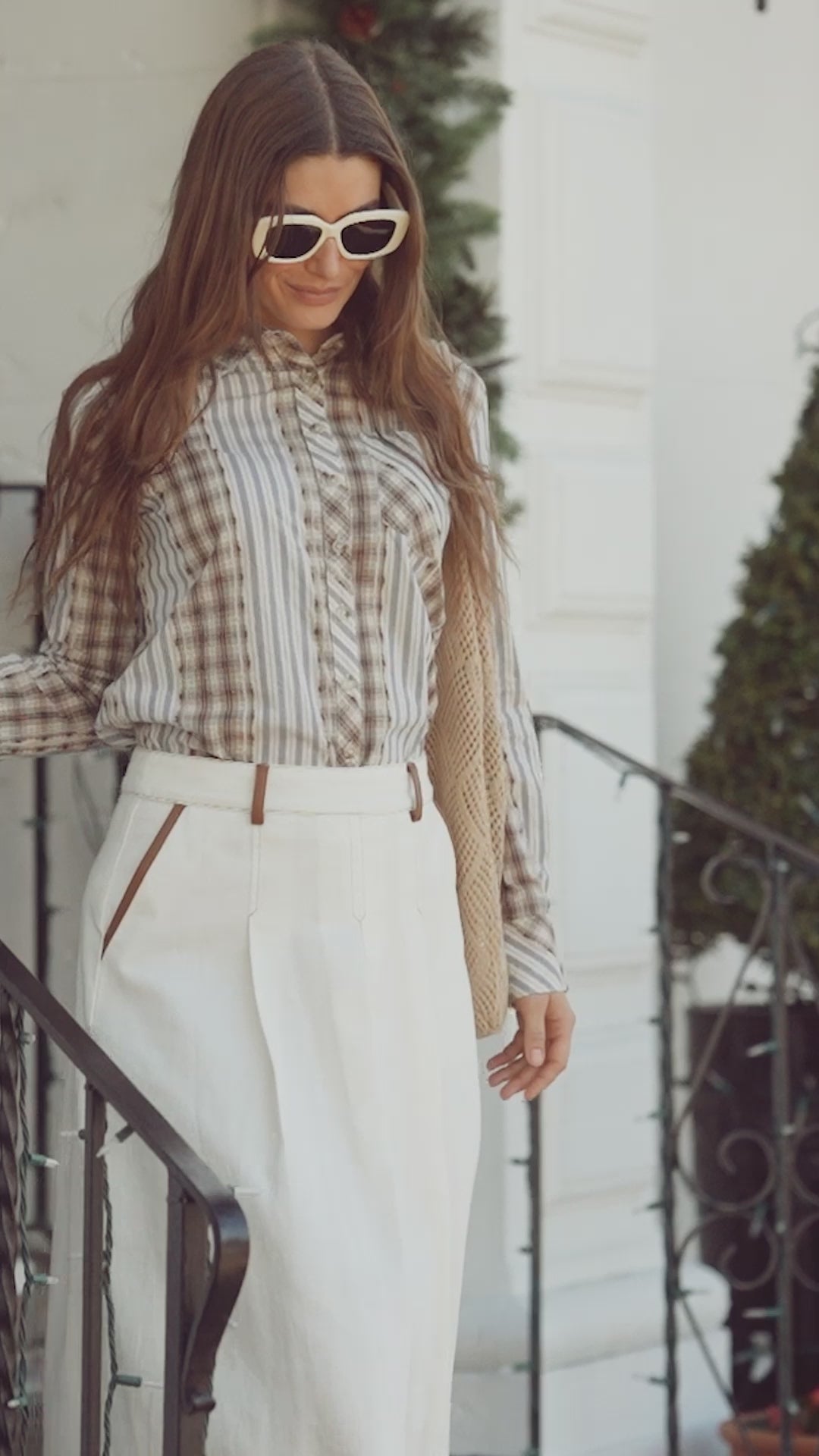 Leather Trim Denim Skirt-White
