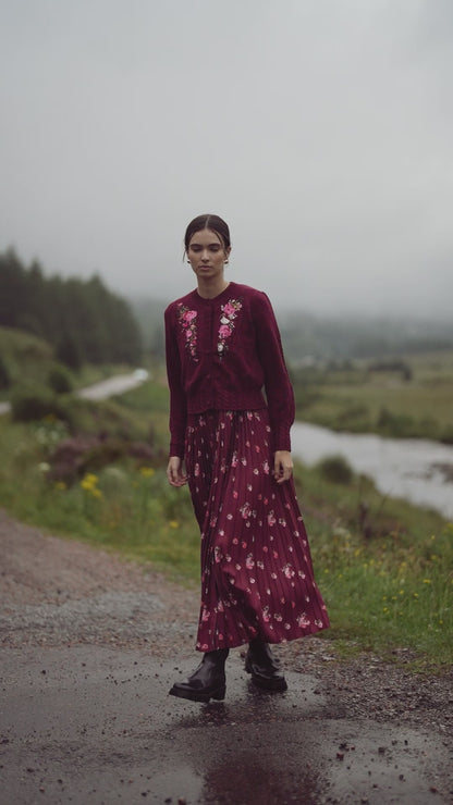 Embroidered Cardigan-Burgundy Floral