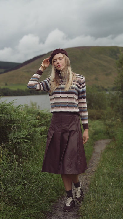Overstitch Detail Striped Sweater-Brown