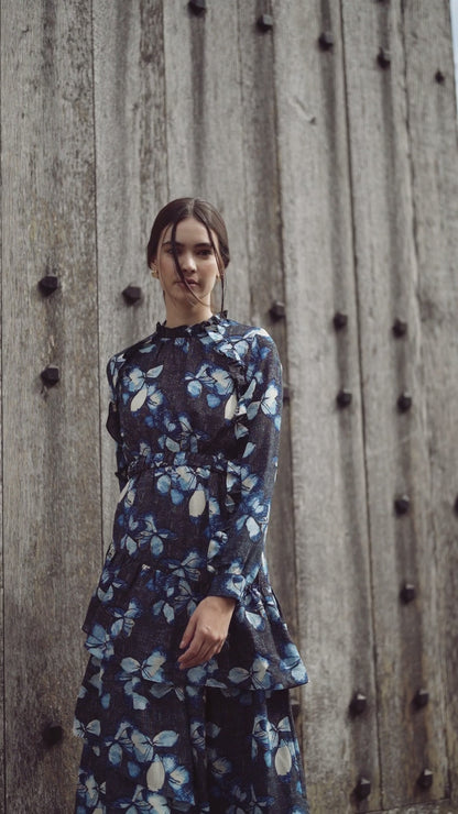 Layered Belted Dress-Blue Floral