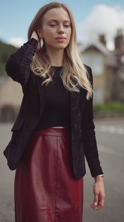 Coated Faux Leather A-Line Skirt-Burgundy