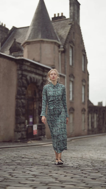 Front Shirred Shirtdress-Teal Floral