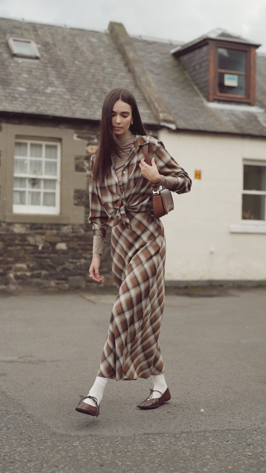 Button Down Blouse-Brown Plaid