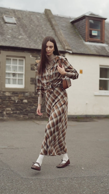 Button Down Blouse-Brown Plaid