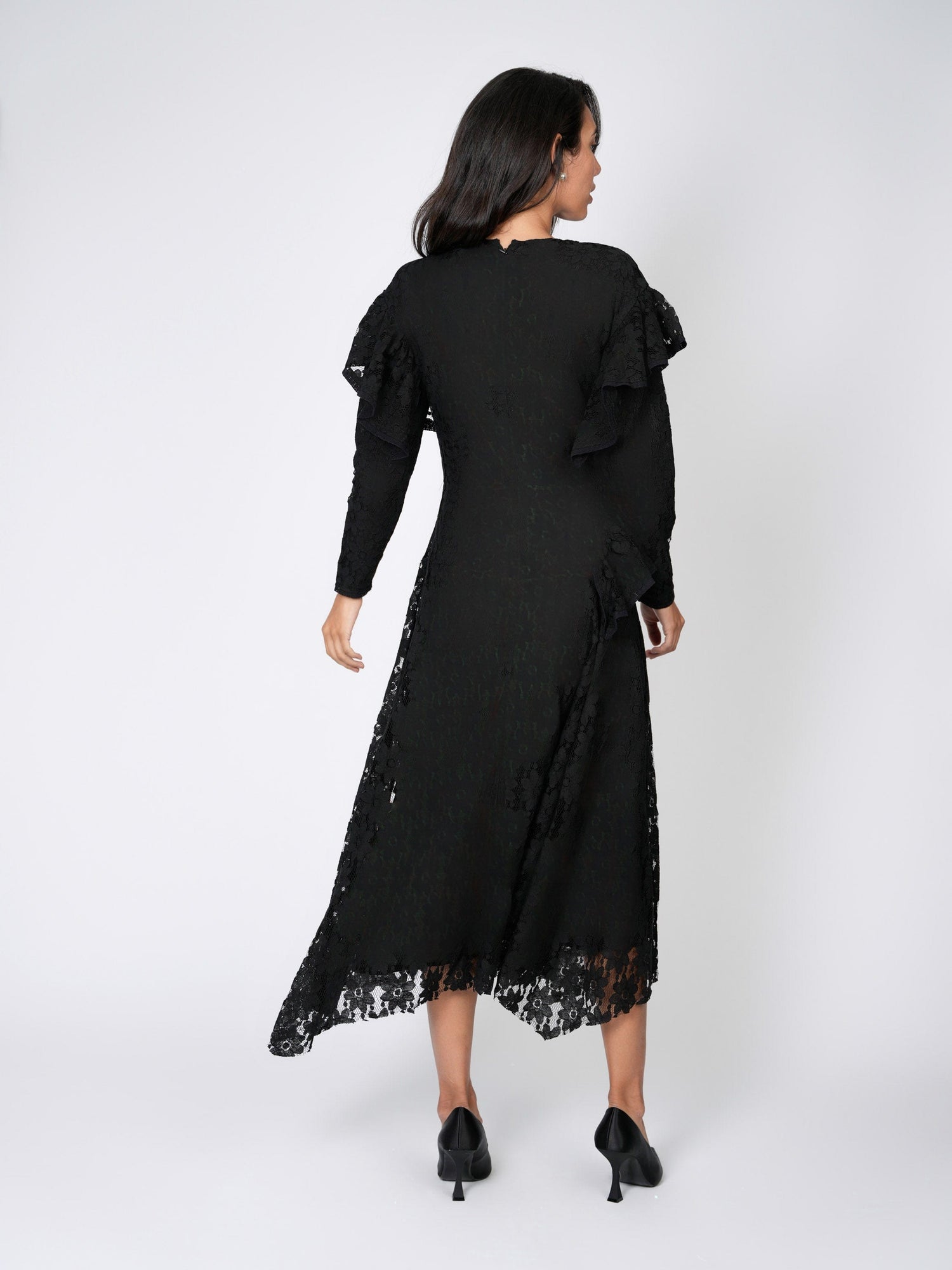 LACE RUFFLE DRESS-BLACK