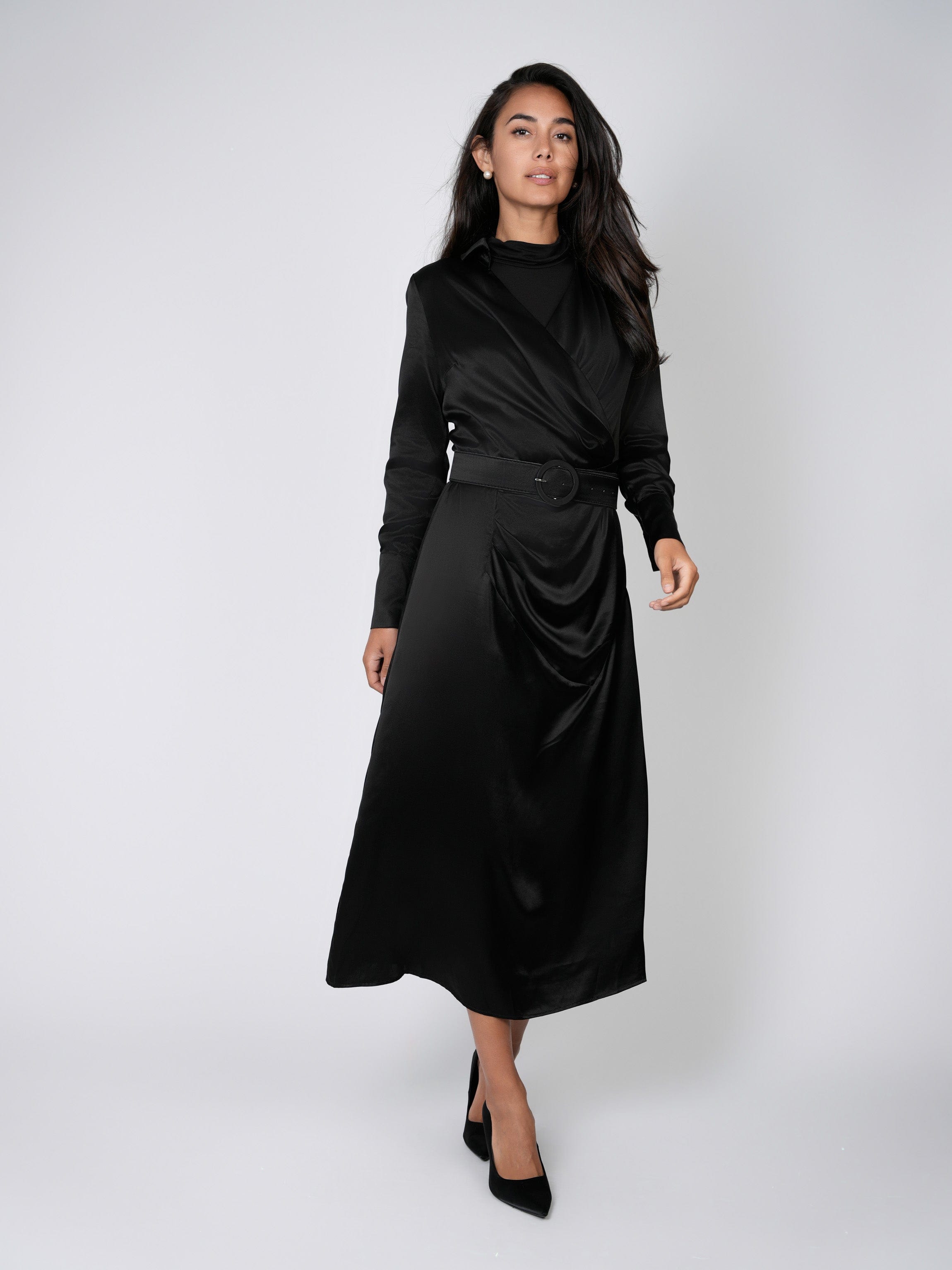 BELTED WRAP TOP DRESS-BLACK