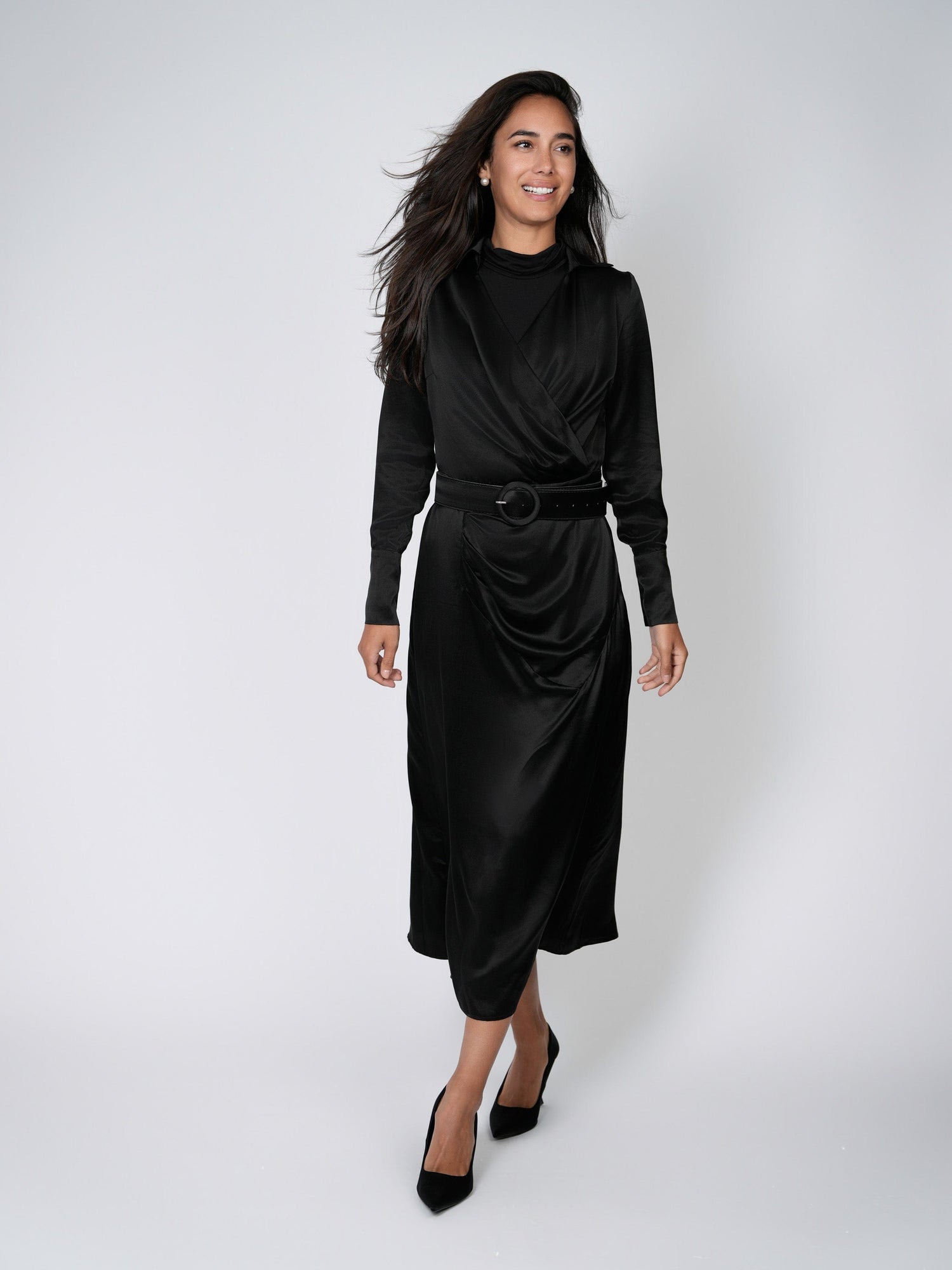 BELTED WRAP TOP DRESS-BLACK